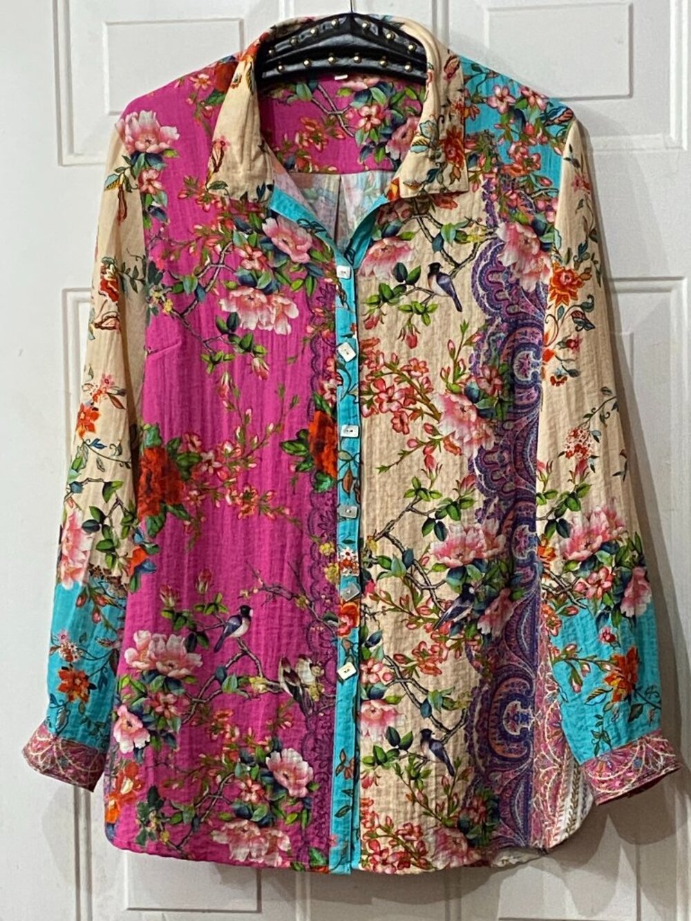 John Mark Sz M Tunic Button Up Long Roll Sleeve Pink/Multi Floral, Birds